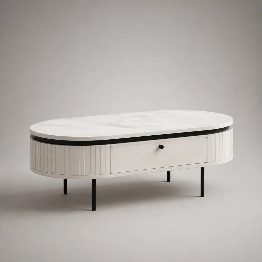 Ovaler Couchtisch mit Schublade aus MDF und Stahl, Weiß-Schwarz mit Marmoroptik, 120 × 60 × 45 cm