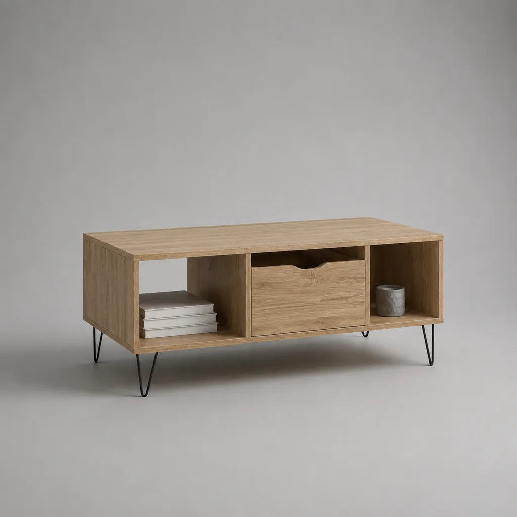 Rechteckiger Couchtisch aus Spanplatte und Stahl mit Schublade und offenen Fächern, Natureiche/Schwarz, 110 × 55 × 45 cm