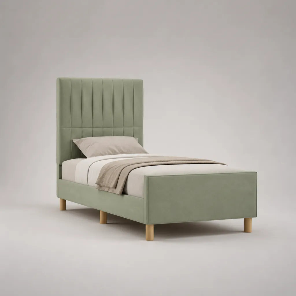 Polsterbett Einzelbett mit Lattenrost aus Polyester-Velours, Salbeigrün/Natur, Liegefläche 90 x 200 cm, Gesamtmaß 214 x 102 x 120 cm