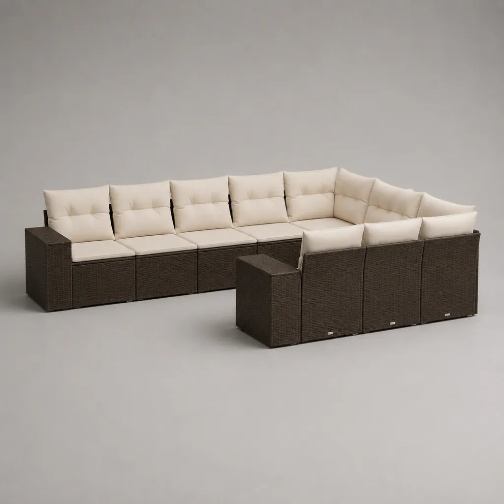 10-Sitzer Outdoor-Gartensofa-Set, U-förmig, aus PE-Rattan mit Stahlrahmen, Braun/Creme, 320 × 250 × 73 cm