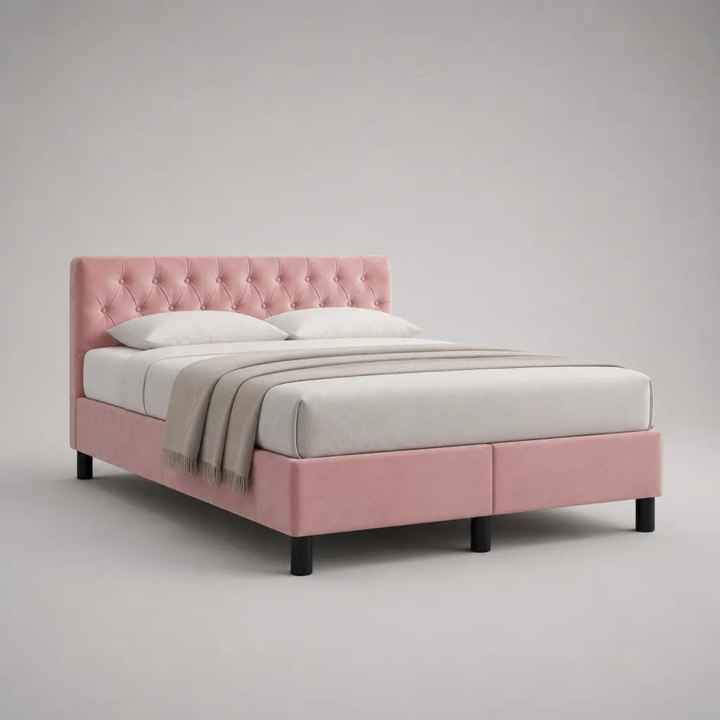 Polsterbett aus Polyester-Samt mit Knopfheftung, Rosa und Schwarz, 169 × 215 × 110 cm, Liegefläche 160 × 200 cm
