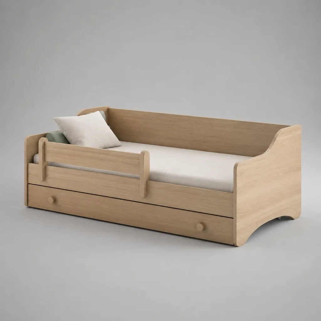 Kinderbett mit Schublade und Rausfallschutz aus MDF mit Eichenfurnier, Natur, Liegefläche 90 × 200 cm, Gesamtmaß 208 × 98 × 78 cm