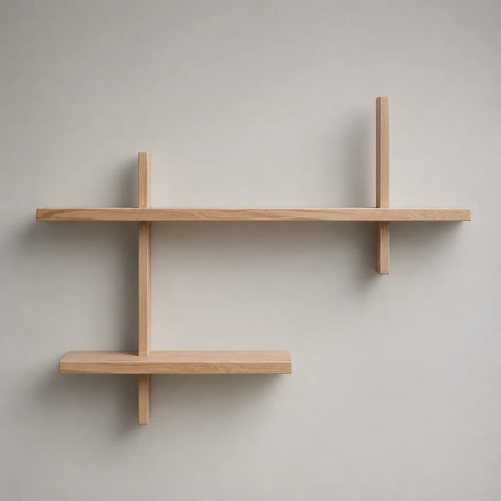 Asymmetrisches Wandregal aus massivem Eichenholz mit 2 Ablagen, Natur, 90 × 70 × 15 cm