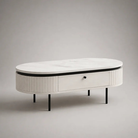 Ovaler Couchtisch mit Schublade aus MDF und Stahl, Weiß-Schwarz mit Marmoroptik, 120 × 60 × 45 cm