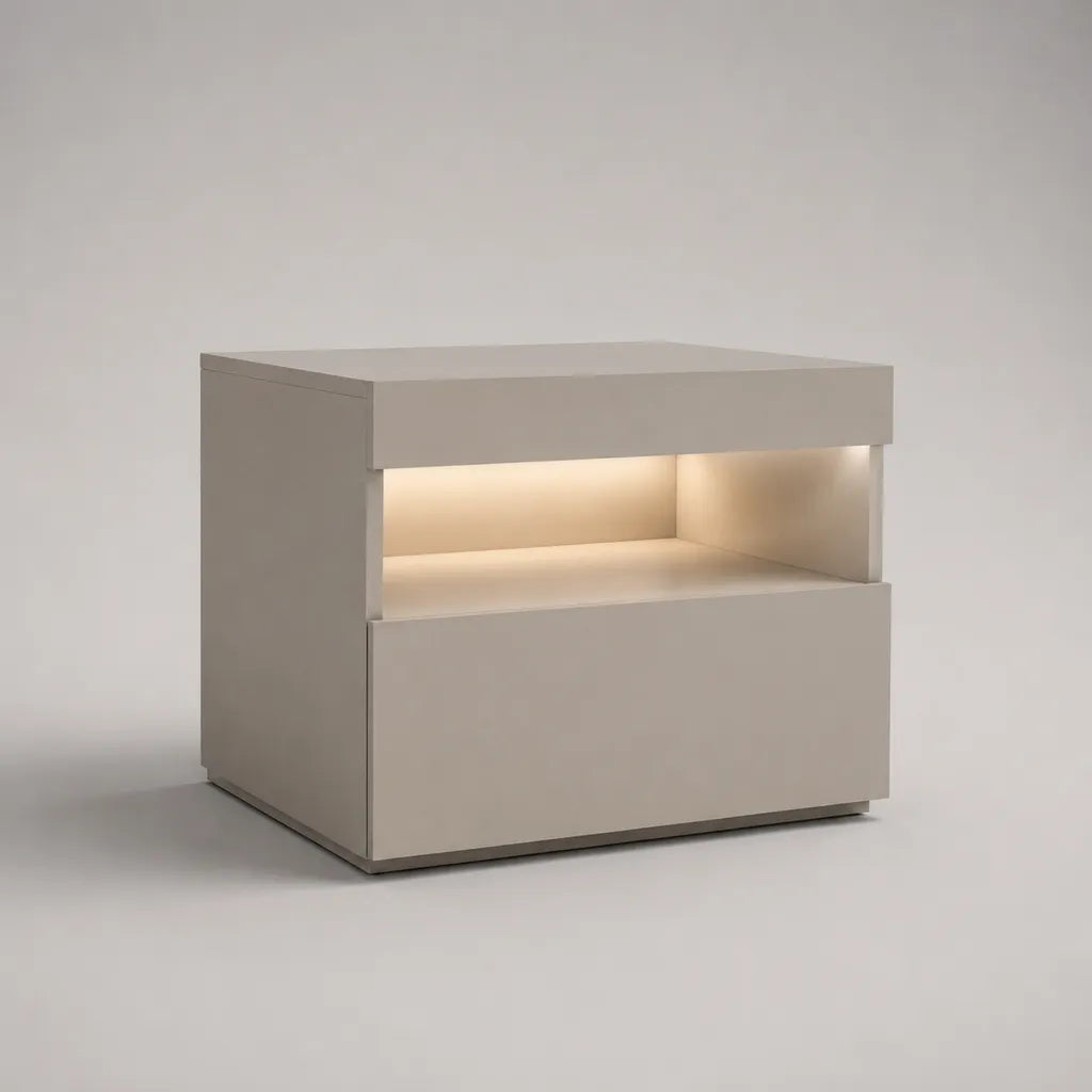 Nachttisch aus MDF mit LED-Beleuchtung, Schublade und Ablagefach, Weiß, 45 x 40 x 50 cm