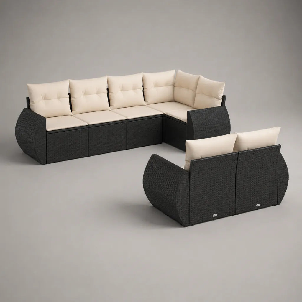 2-teiliges Gartensofa-Set aus PE-Rattan und Stahl, L-Ecksofa 255 x 195 x 85 cm und Zweisitzer 150 x 80 x 85 cm, Schwarz/Creme