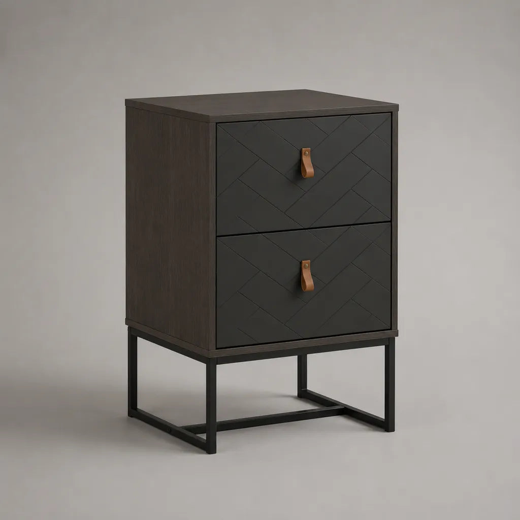 Nachttisch mit 2 Schubladen aus MDF und Stahl, Schwarz/Dunkelbraun/Cognacbraun, 45 × 40 × 60 cm