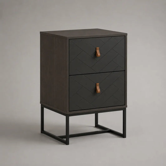 Nachttisch mit 2 Schubladen aus MDF und Stahl, Schwarz/Dunkelbraun/Cognacbraun, 45 × 40 × 60 cm