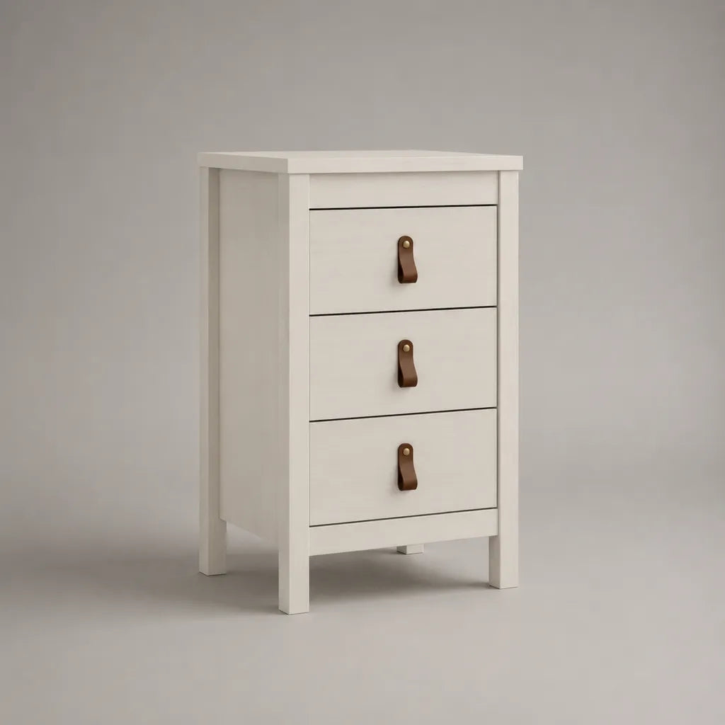 Nachttisch mit 3 Schubladen aus MDF und Kiefer-Massivholz, rechteckig, Weiß/Braun, 40 × 35 × 65 cm