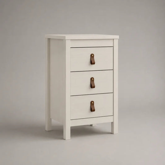 Nachttisch mit 3 Schubladen aus MDF und Kiefer-Massivholz, rechteckig, Weiß/Braun, 40 × 35 × 65 cm