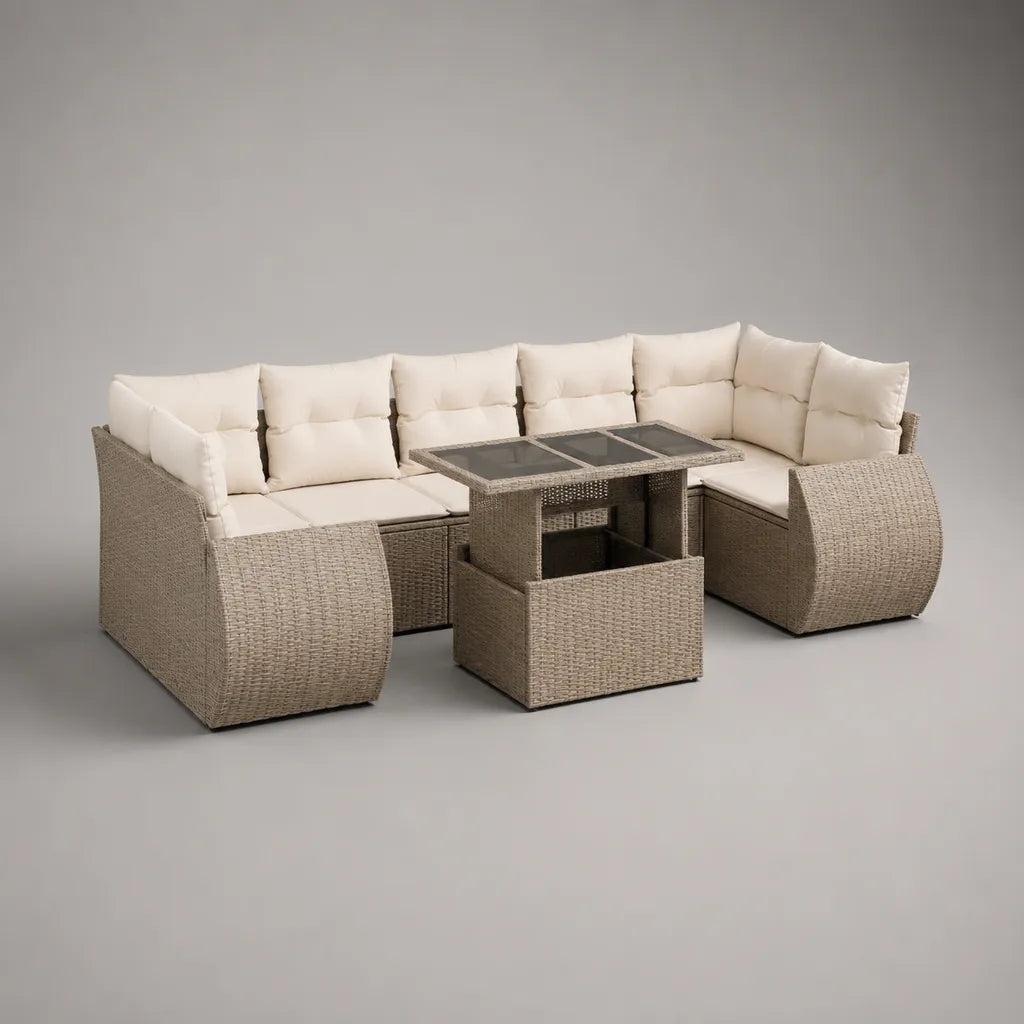 U-förmiges Gartensofa-Set aus PE-Rattan mit Stahlgestell, Esstisch und 2 Hockern, Beige und Creme, ca. 250 × 190 × 75 cm