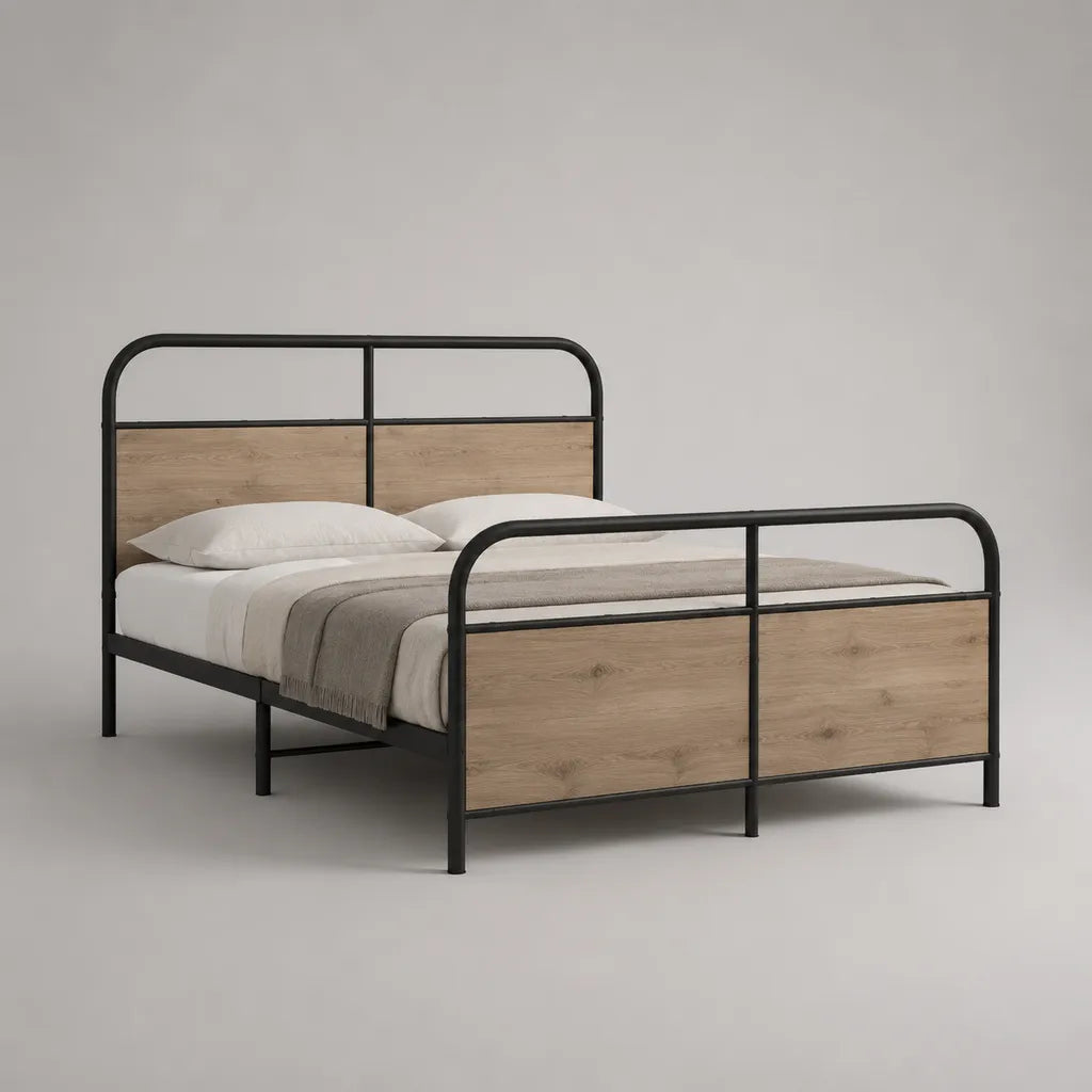 Metallbett Doppelbett mit MDF-Paneelen und Lattenrost, Schwarz und Eichefarben, Liegefläche 140 × 200 cm
