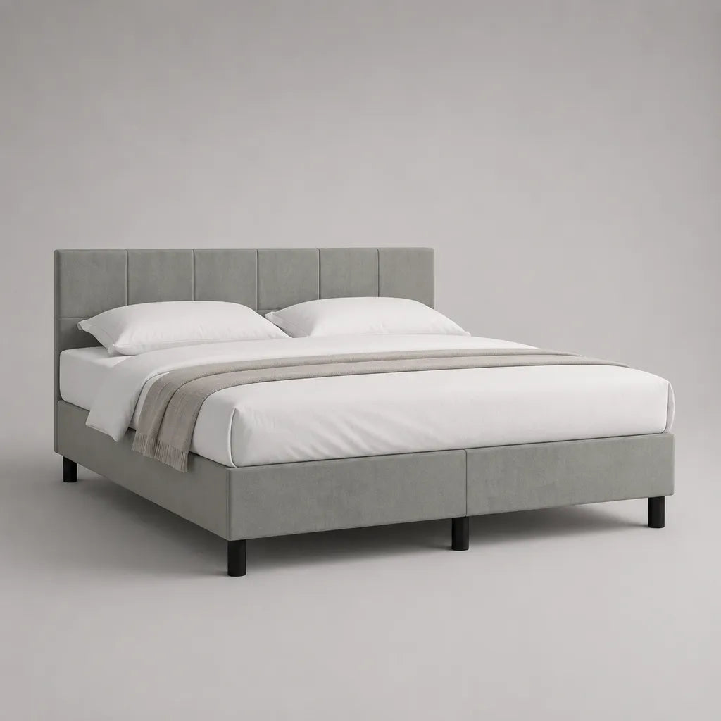 Polsterbett Doppelbett mit Lattenrost aus Polyester-Velours, Hellgrau/Schwarz, Liegefläche 180 x 200 cm, Außenmaß 215 x 190 x 100 cm
