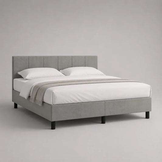 Polsterbett Doppelbett mit Lattenrost aus Polyester-Velours, Hellgrau/Schwarz, Liegefläche 180 x 200 cm, Außenmaß 215 x 190 x 100 cm