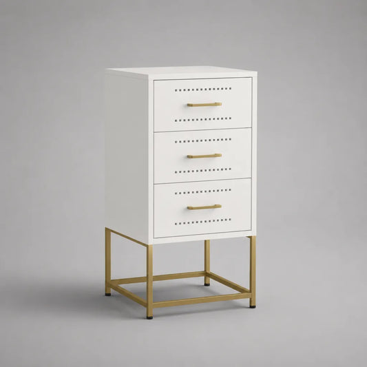 Nachttisch aus pulverbeschichtetem Stahl mit 3 Schubladen, Weiß und Goldfarben, 40 × 35 × 75 cm