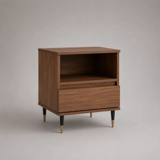 Rechteckiger Nachttisch aus MDF und Spanplatte mit Schublade und offenem Fach, Walnussbraun, 50 × 40 × 60 cm