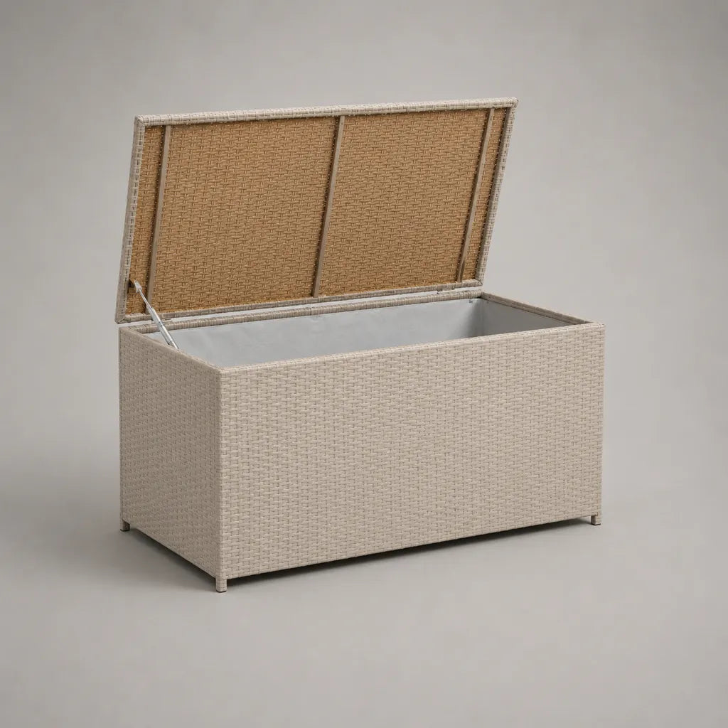 Auflagenbox Gartenbox aus PE-Rattan mit Stahlrahmen, Beige/Grau, 120 x 60 x 65 cm