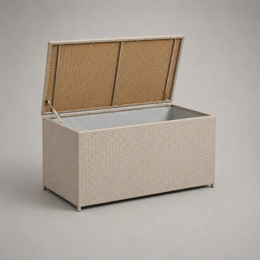 Auflagenbox Gartenbox aus PE-Rattan mit Stahlrahmen, Beige/Grau, 120 x 60 x 65 cm