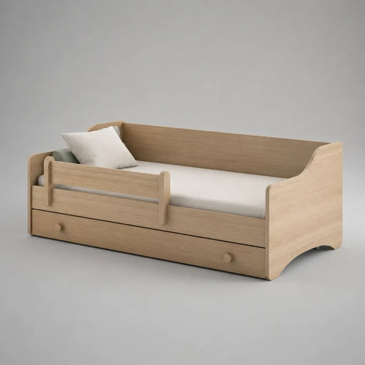Kinderbett mit Schublade und Rausfallschutz aus MDF mit Eichenfurnier, Natur, Liegefläche 90 × 200 cm, Gesamtmaß 208 × 98 × 78 cm