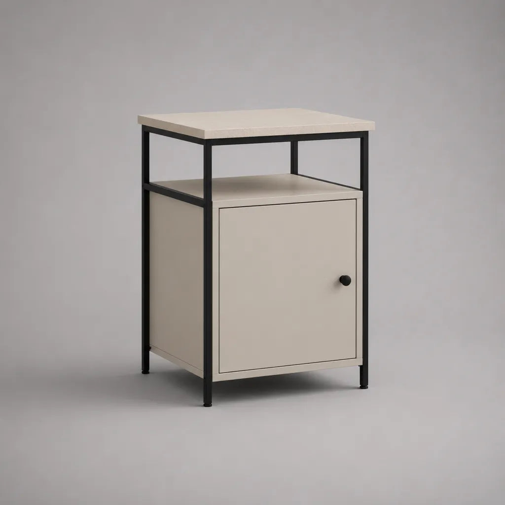 Rechteckiger Nachttisch aus MDF und Stahl mit Tür und Ablage, Beige/Schwarz, 40 × 35 × 60 cm