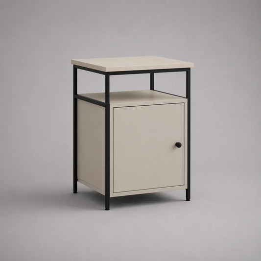 Rechteckiger Nachttisch aus MDF und Stahl mit Tür und Ablage, Beige/Schwarz, 40 × 35 × 60 cm