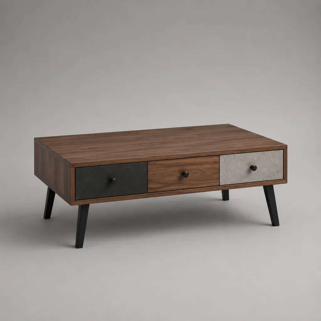 Rechteckiger Couchtisch mit 3 Schubladen aus MDF und Stahl, Braun/Schwarz/Grau, 100 × 55 × 45 cm