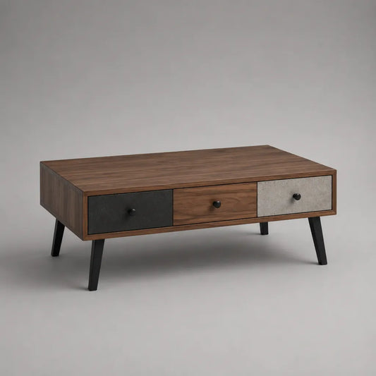 Rechteckiger Couchtisch mit 3 Schubladen aus MDF und Stahl, Braun/Schwarz/Grau, 100 × 55 × 45 cm