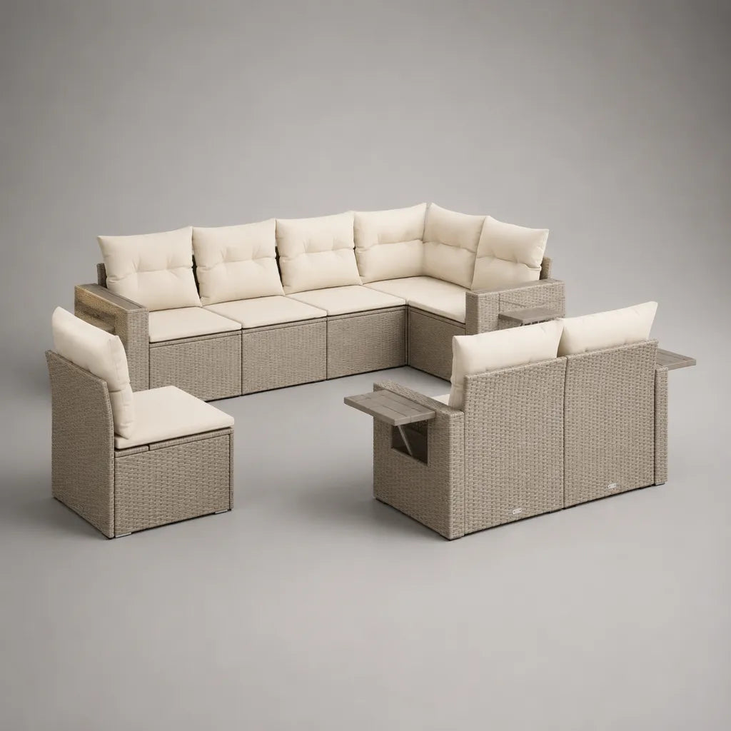 8-Sitzer-Gartensofa-Set aus PE-Rattan und Stahl mit Polstern und Ablagetischen, L-förmig, Greige und Cremeweiß, Ecksofa 270 × 210 × 72 cm
