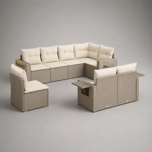 8-Sitzer-Gartensofa-Set aus PE-Rattan und Stahl mit Polstern und Ablagetischen, L-förmig, Greige und Cremeweiß, Ecksofa 270 × 210 × 72 cm